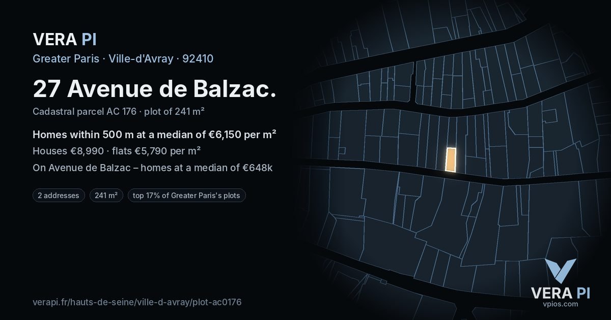 27 Avenue de Balzac, Ville-d'Avray at night – the plot lit, the parcels around coloured by the prices near them