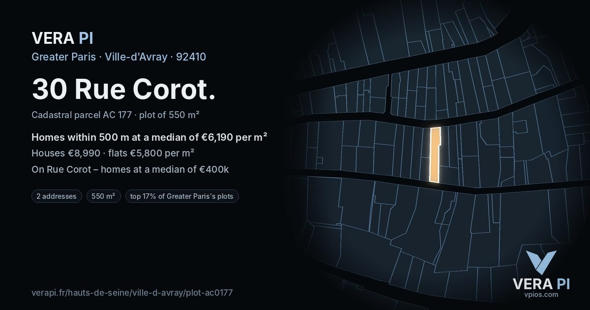 30 Rue Corot, Ville-d'Avray at night – the plot lit, the parcels around coloured by the prices near them