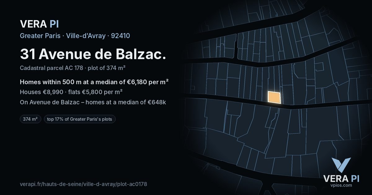 31 Avenue de Balzac, Ville-d'Avray at night – the plot lit, the parcels around coloured by the prices near them