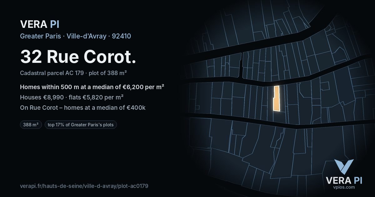 32 Rue Corot, Ville-d'Avray at night – the plot lit, the parcels around coloured by the prices near them