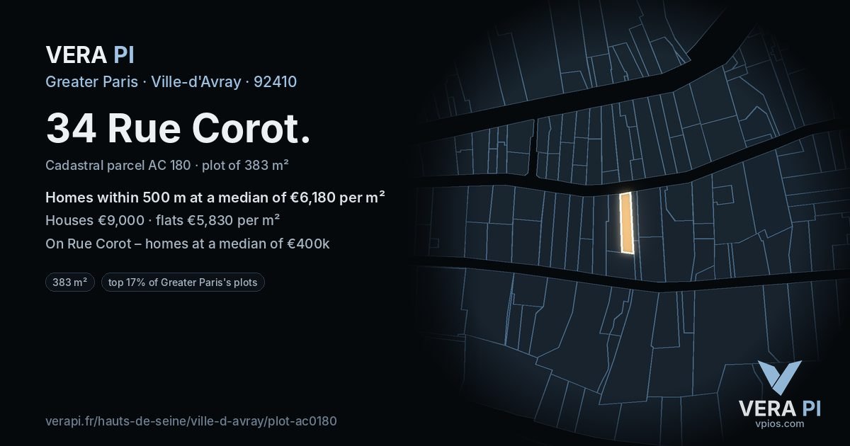 34 Rue Corot, Ville-d'Avray at night – the plot lit, the parcels around coloured by the prices near them