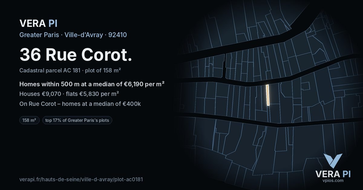 36 Rue Corot, Ville-d'Avray at night – the plot lit, the parcels around coloured by the prices near them
