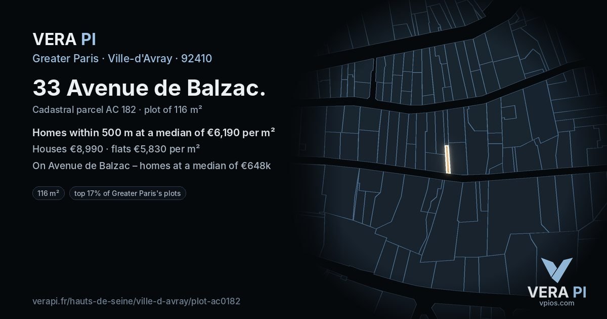 33 Avenue de Balzac, Ville-d'Avray at night – the plot lit, the parcels around coloured by the prices near them