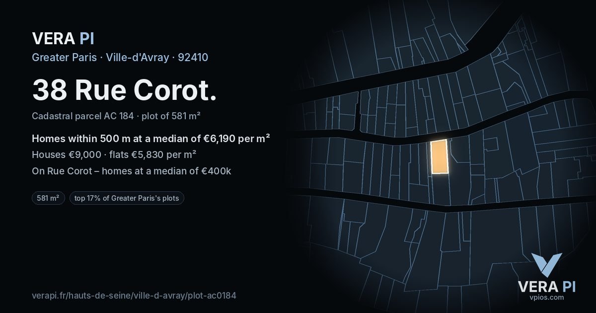 38 Rue Corot, Ville-d'Avray at night – the plot lit, the parcels around coloured by the prices near them