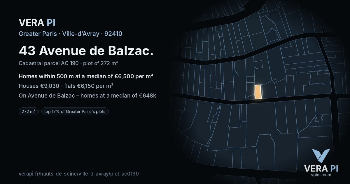 43 Avenue de Balzac, Ville-d'Avray at night – the plot lit, the parcels around coloured by the prices near them