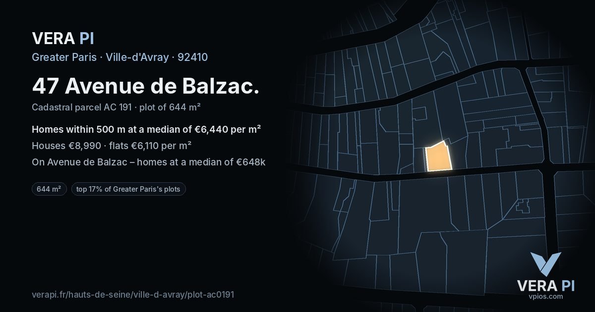 47 Avenue de Balzac, Ville-d'Avray at night – the plot lit, the parcels around coloured by the prices near them