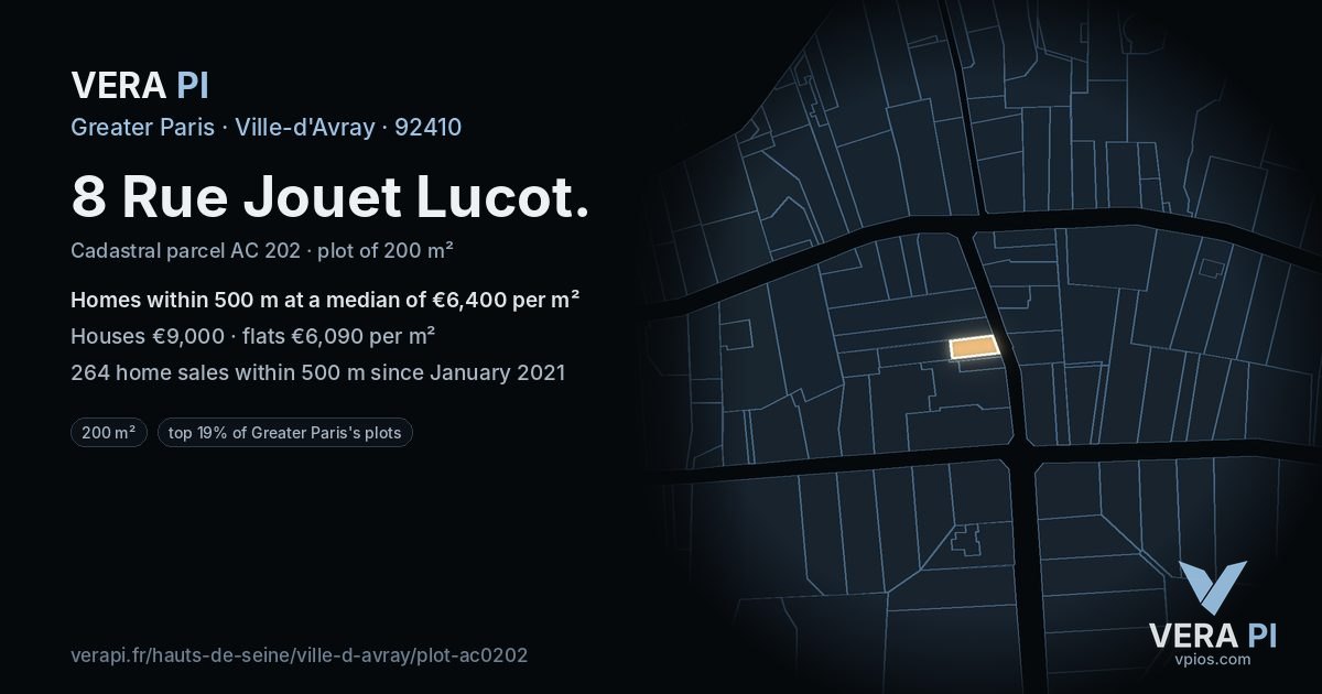 8 Rue Jouet Lucot, Ville-d'Avray at night – the plot lit, the parcels around coloured by the prices near them