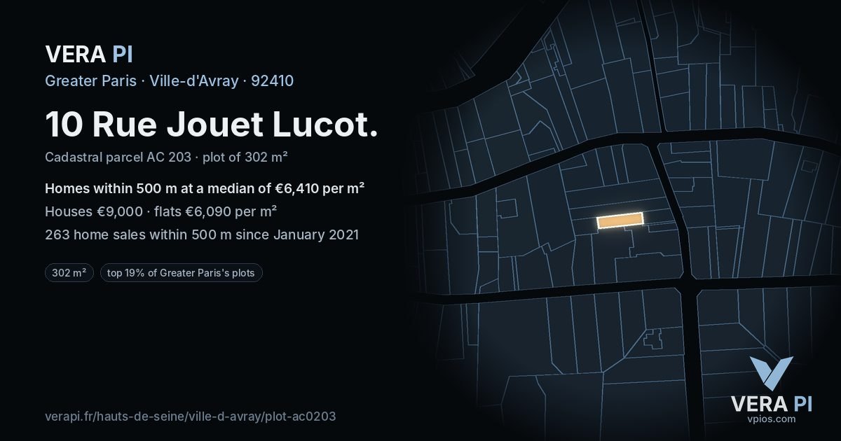 10 Rue Jouet Lucot, Ville-d'Avray at night – the plot lit, the parcels around coloured by the prices near them