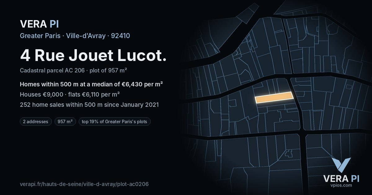 4 Rue Jouet Lucot, Ville-d'Avray at night – the plot lit, the parcels around coloured by the prices near them