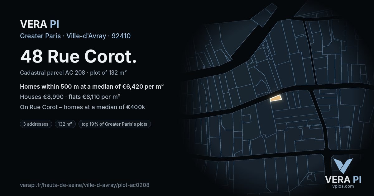 48 Rue Corot, Ville-d'Avray at night – the plot lit, the parcels around coloured by the prices near them