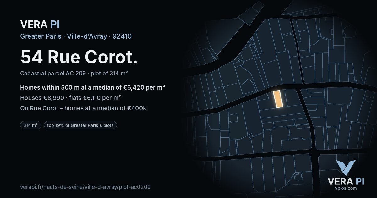 54 Rue Corot, Ville-d'Avray at night – the plot lit, the parcels around coloured by the prices near them