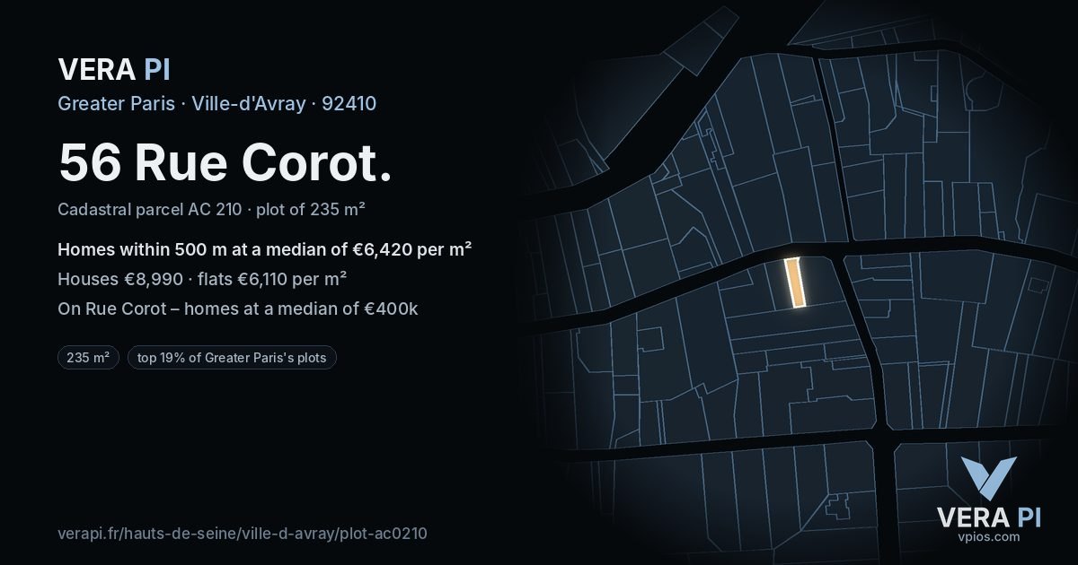 56 Rue Corot, Ville-d'Avray at night – the plot lit, the parcels around coloured by the prices near them