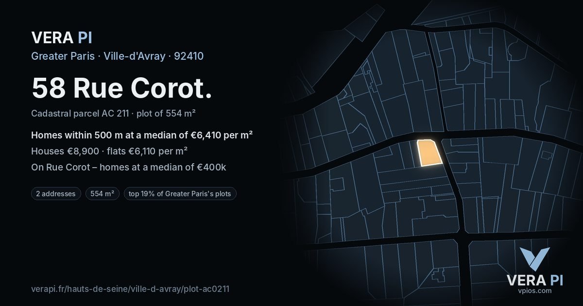 58 Rue Corot, Ville-d'Avray at night – the plot lit, the parcels around coloured by the prices near them