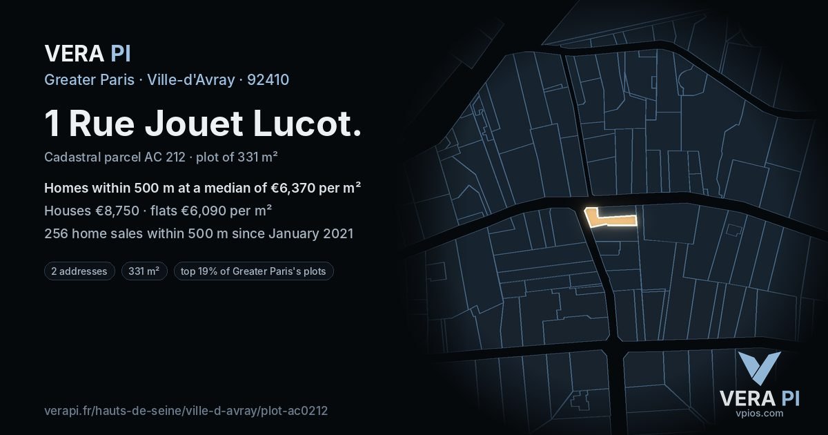 1 Rue Jouet Lucot, Ville-d'Avray at night – the plot lit, the parcels around coloured by the prices near them