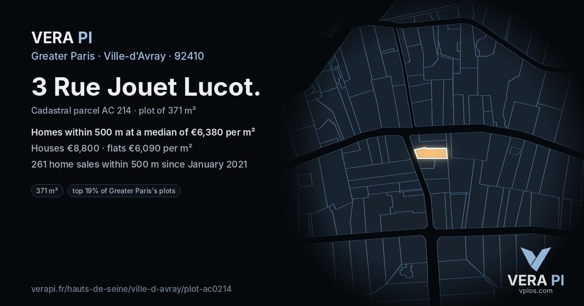 3 Rue Jouet Lucot, Ville-d'Avray at night – the plot lit, the parcels around coloured by the prices near them
