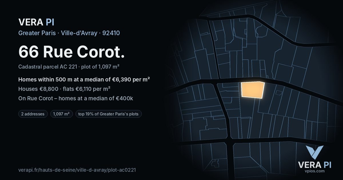 66 Rue Corot, Ville-d'Avray at night – the plot lit, the parcels around coloured by the prices near them