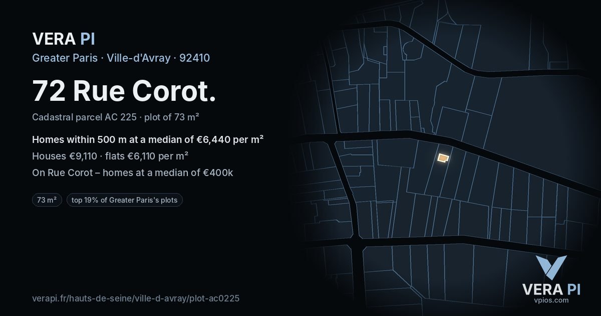 72 Rue Corot, Ville-d'Avray at night – the plot lit, the parcels around coloured by the prices near them