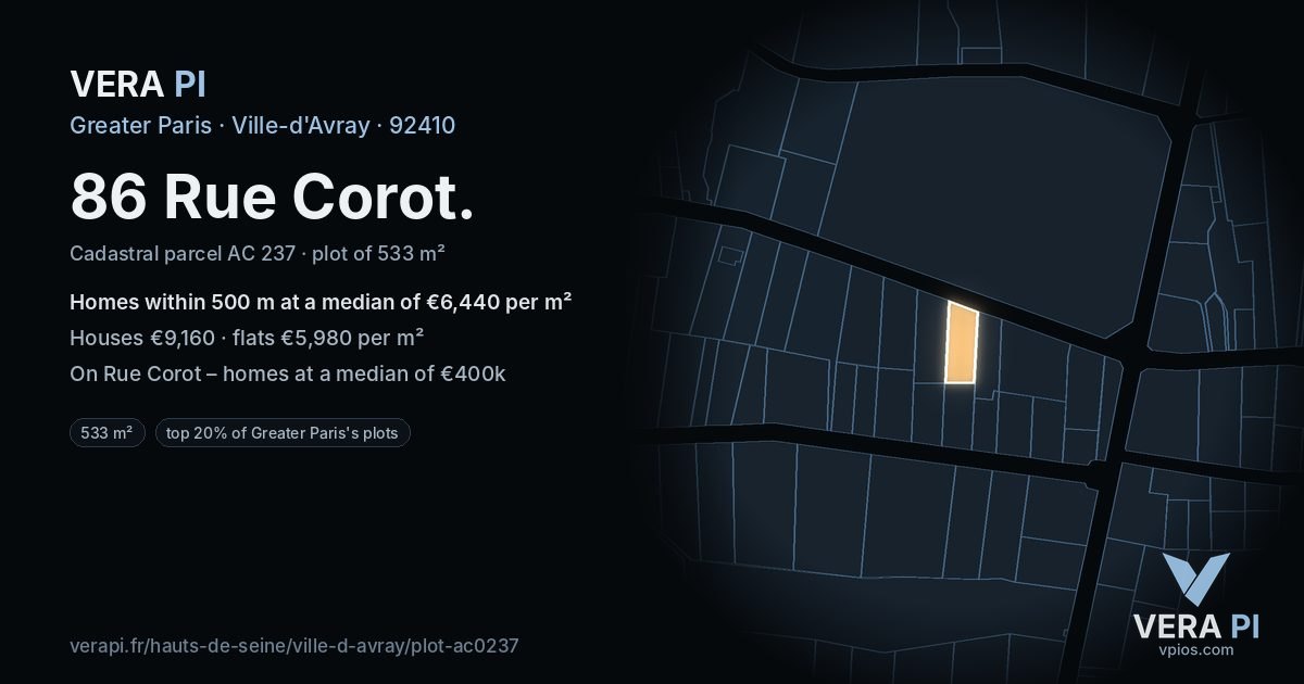 86 Rue Corot, Ville-d'Avray at night – the plot lit, the parcels around coloured by the prices near them