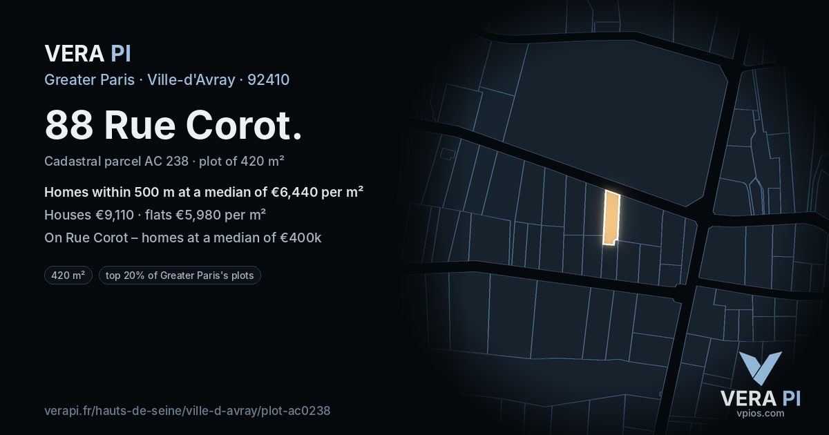 88 Rue Corot, Ville-d'Avray at night – the plot lit, the parcels around coloured by the prices near them