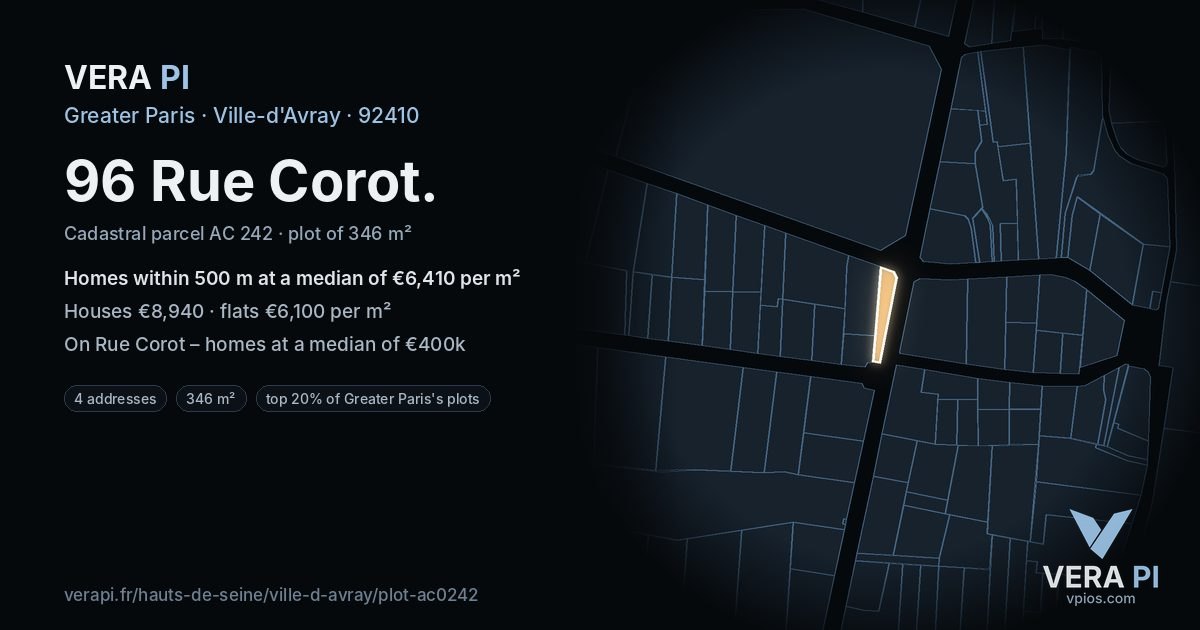 96 Rue Corot, Ville-d'Avray at night – the plot lit, the parcels around coloured by the prices near them