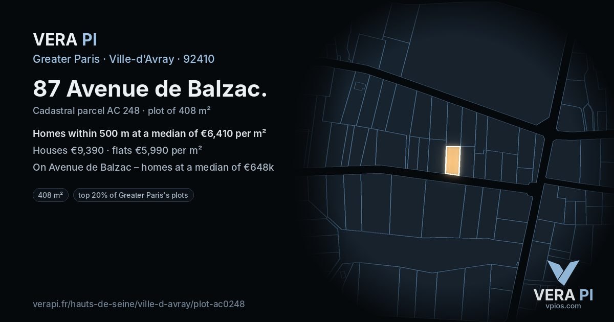 87 Avenue de Balzac, Ville-d'Avray at night – the plot lit, the parcels around coloured by the prices near them