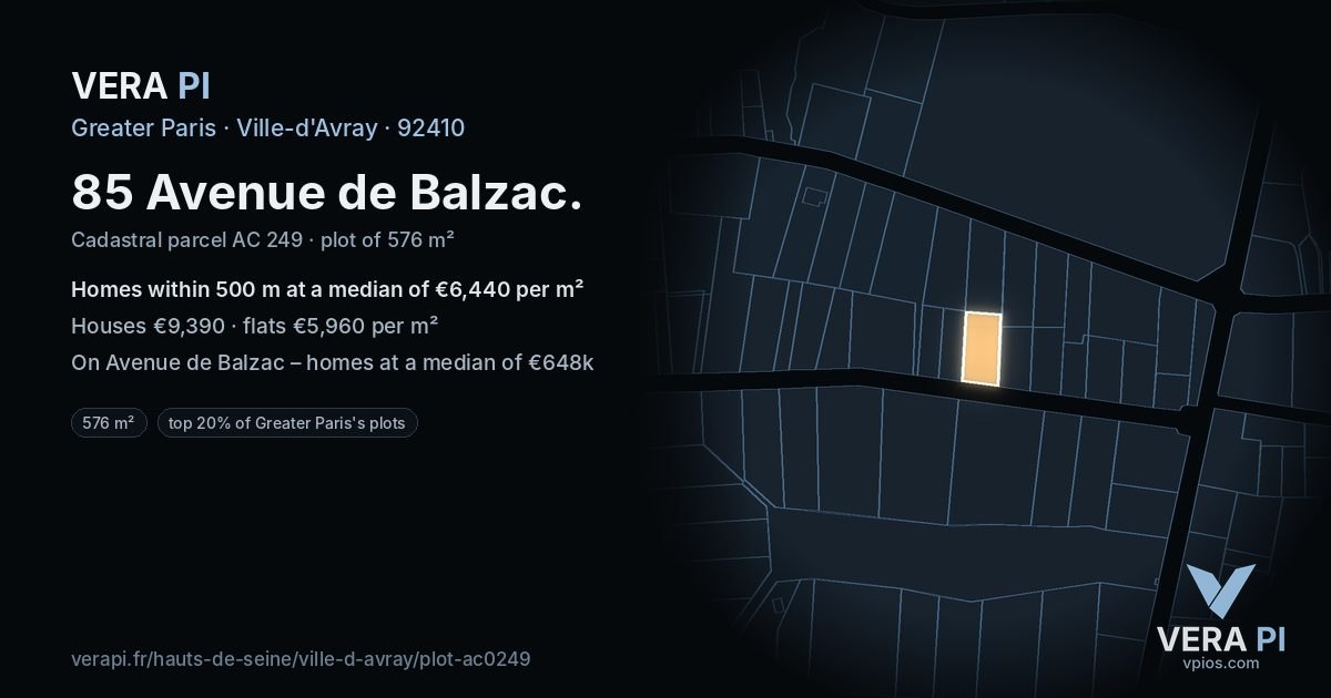 85 Avenue de Balzac, Ville-d'Avray at night – the plot lit, the parcels around coloured by the prices near them