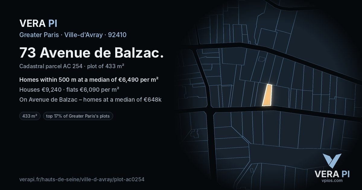 73 Avenue de Balzac, Ville-d'Avray at night – the plot lit, the parcels around coloured by the prices near them