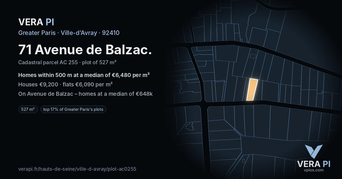 71 Avenue de Balzac, Ville-d'Avray at night – the plot lit, the parcels around coloured by the prices near them