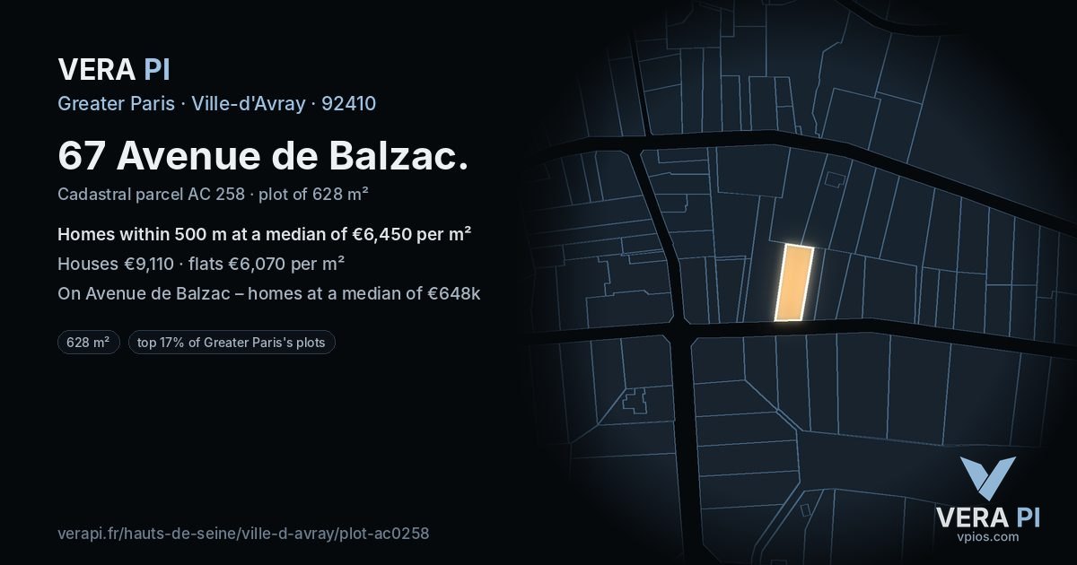 67 Avenue de Balzac, Ville-d'Avray at night – the plot lit, the parcels around coloured by the prices near them