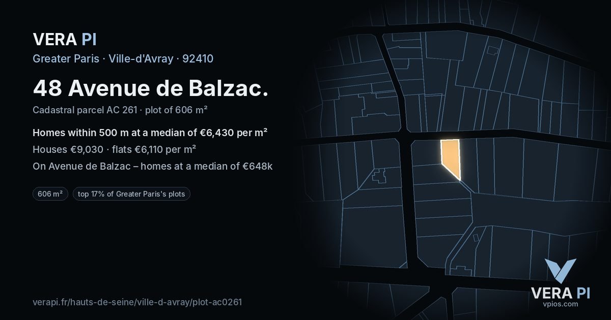 48 Avenue de Balzac, Ville-d'Avray at night – the plot lit, the parcels around coloured by the prices near them