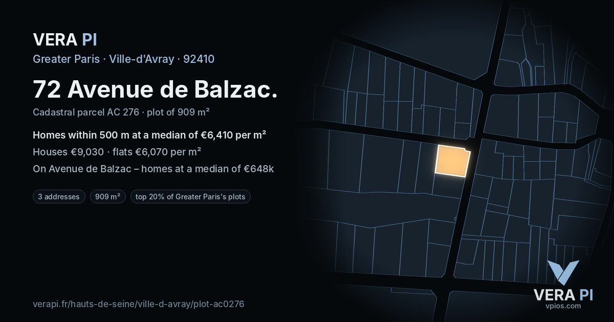 72 Avenue de Balzac, Ville-d'Avray at night – the plot lit, the parcels around coloured by the prices near them