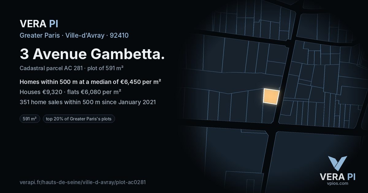 3 Avenue Gambetta, Ville-d'Avray at night – the plot lit, the parcels around coloured by the prices near them