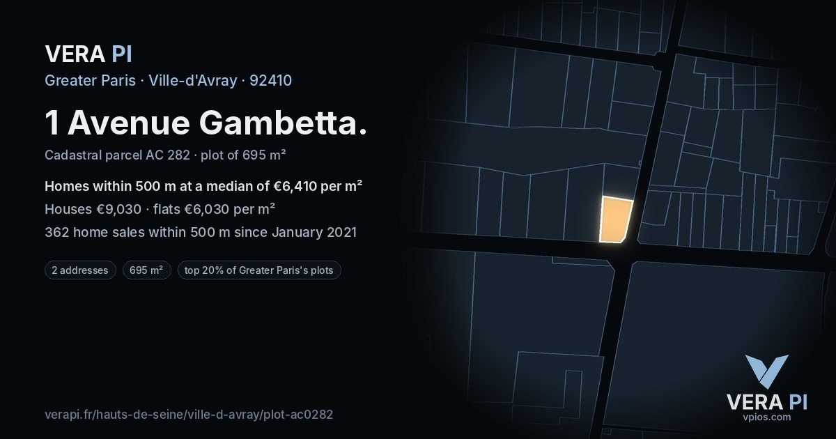 1 Avenue Gambetta, Ville-d'Avray at night – the plot lit, the parcels around coloured by the prices near them