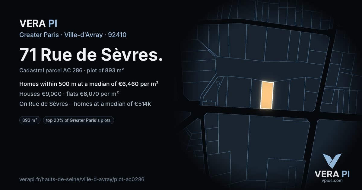 71 Rue de Sèvres, Ville-d'Avray at night – the plot lit, the parcels around coloured by the prices near them