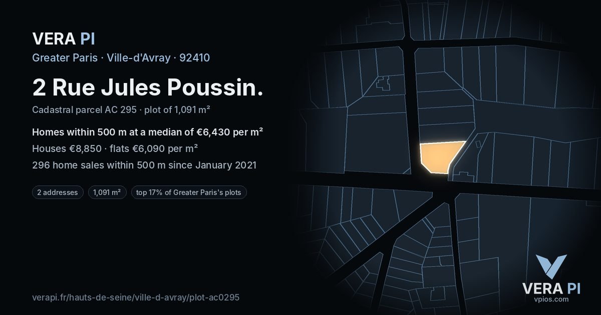 2 Rue Jules Poussin, Ville-d'Avray at night – the plot lit, the parcels around coloured by the prices near them