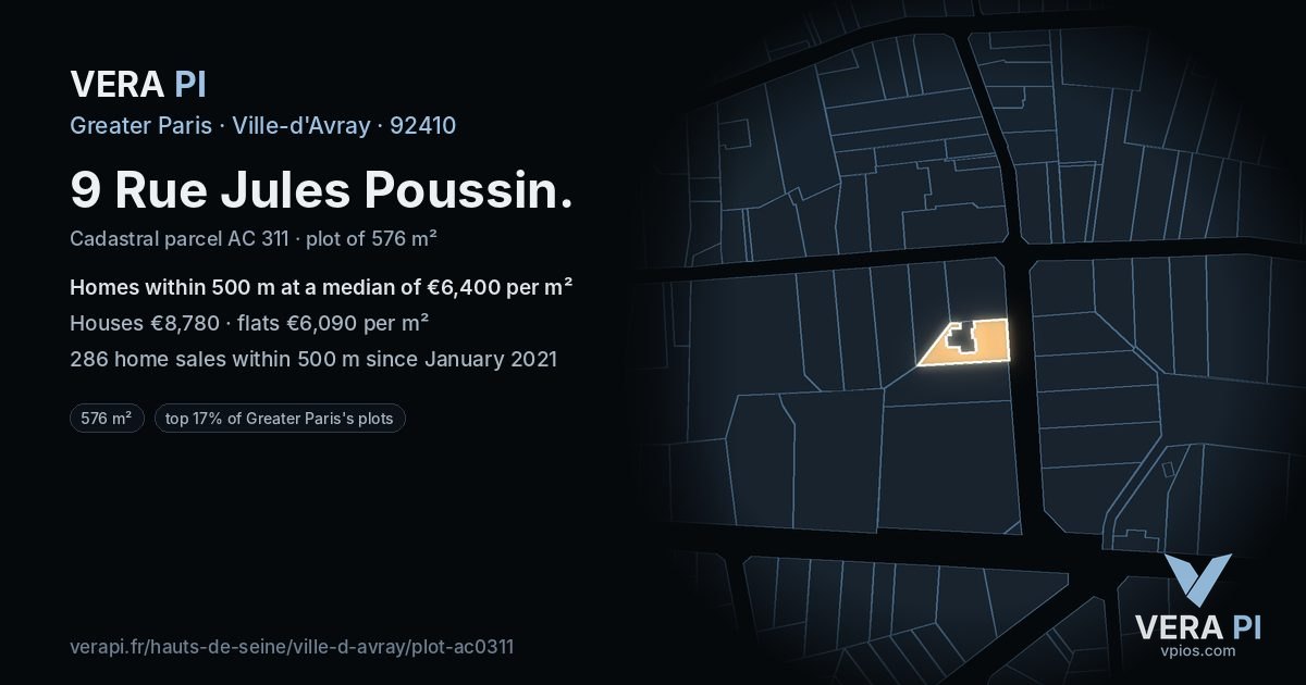 9 Rue Jules Poussin, Ville-d'Avray at night – the plot lit, the parcels around coloured by the prices near them