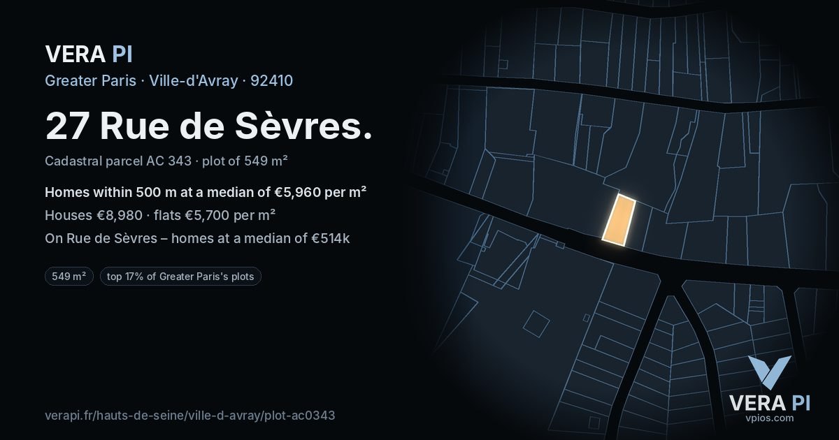 27 Rue de Sèvres, Ville-d'Avray at night – the plot lit, the parcels around coloured by the prices near them