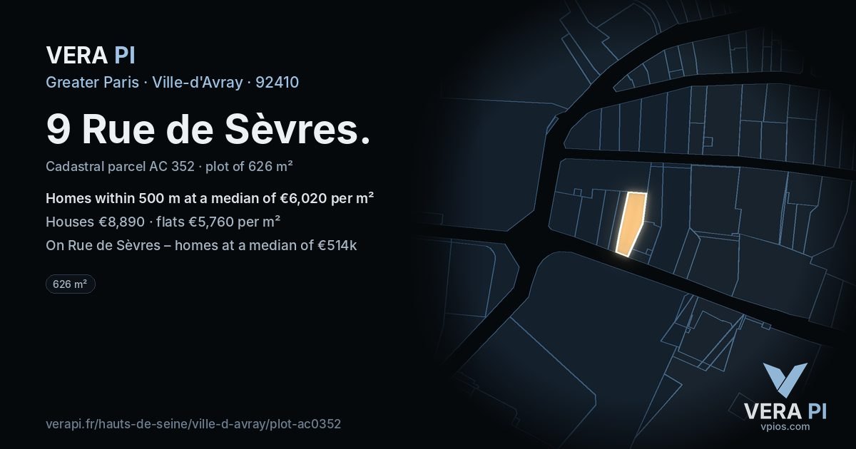 9 Rue de Sèvres, Ville-d'Avray at night – the plot lit, the parcels around coloured by the prices near them