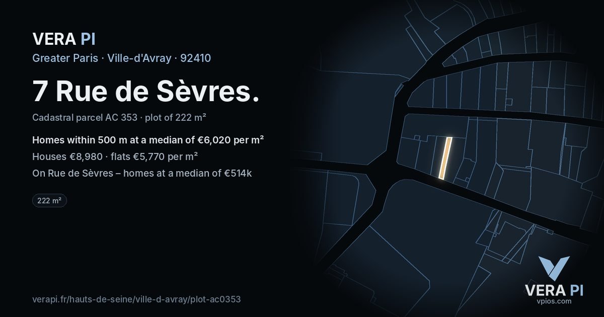 7 Rue de Sèvres, Ville-d'Avray at night – the plot lit, the parcels around coloured by the prices near them