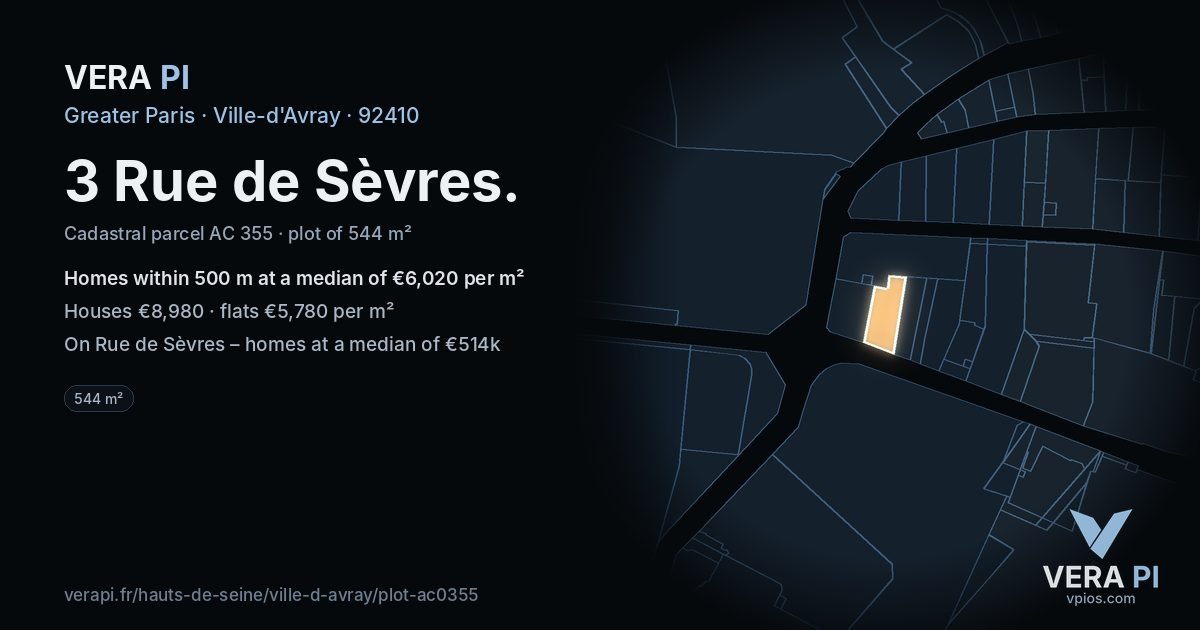 3 Rue de Sèvres, Ville-d'Avray at night – the plot lit, the parcels around coloured by the prices near them