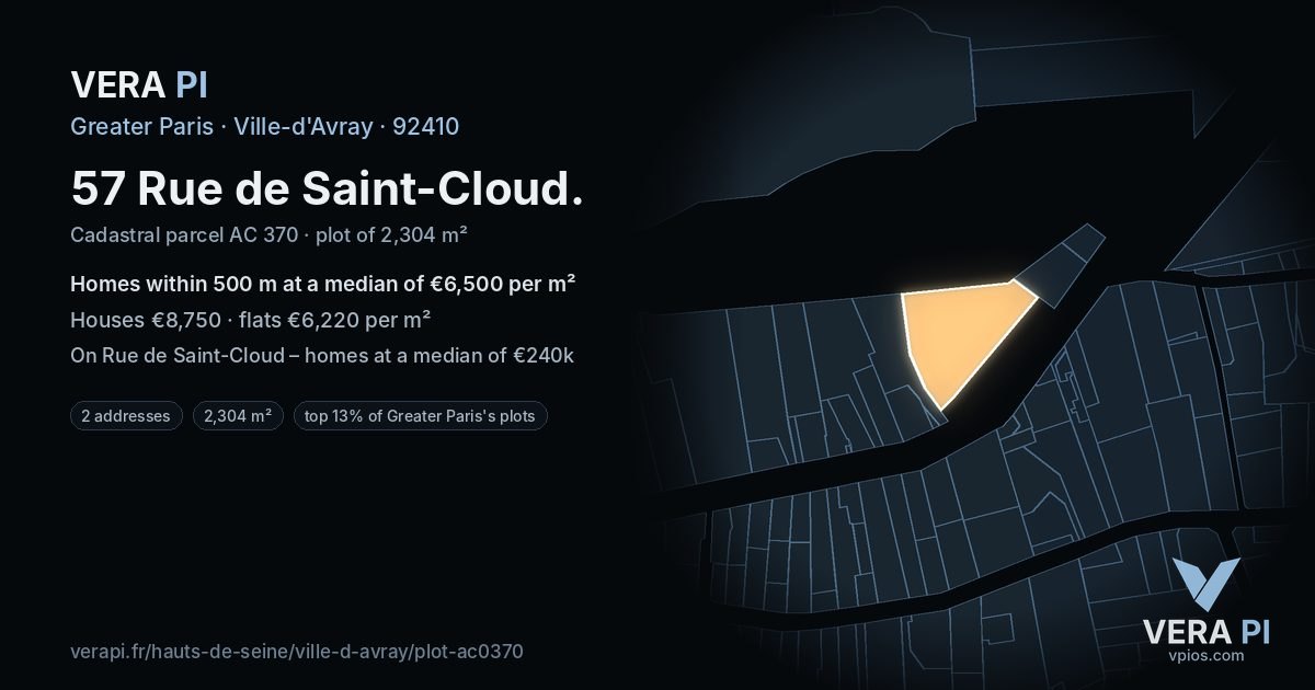 57 Rue de Saint-Cloud, Ville-d'Avray at night – the plot lit, the parcels around coloured by the prices near them
