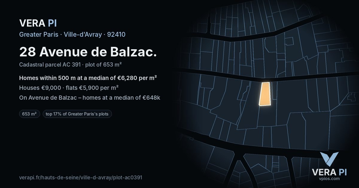 28 Avenue de Balzac, Ville-d'Avray at night – the plot lit, the parcels around coloured by the prices near them