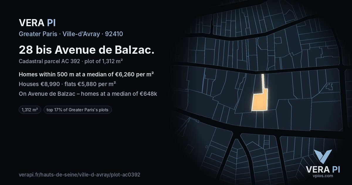 28 bis Avenue de Balzac, Ville-d'Avray at night – the plot lit, the parcels around coloured by the prices near them