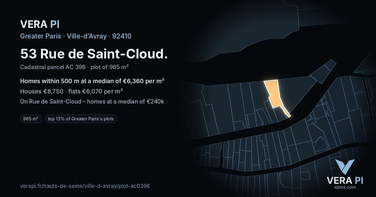 53 Rue de Saint-Cloud, Ville-d'Avray at night – the plot lit, the parcels around coloured by the prices near them