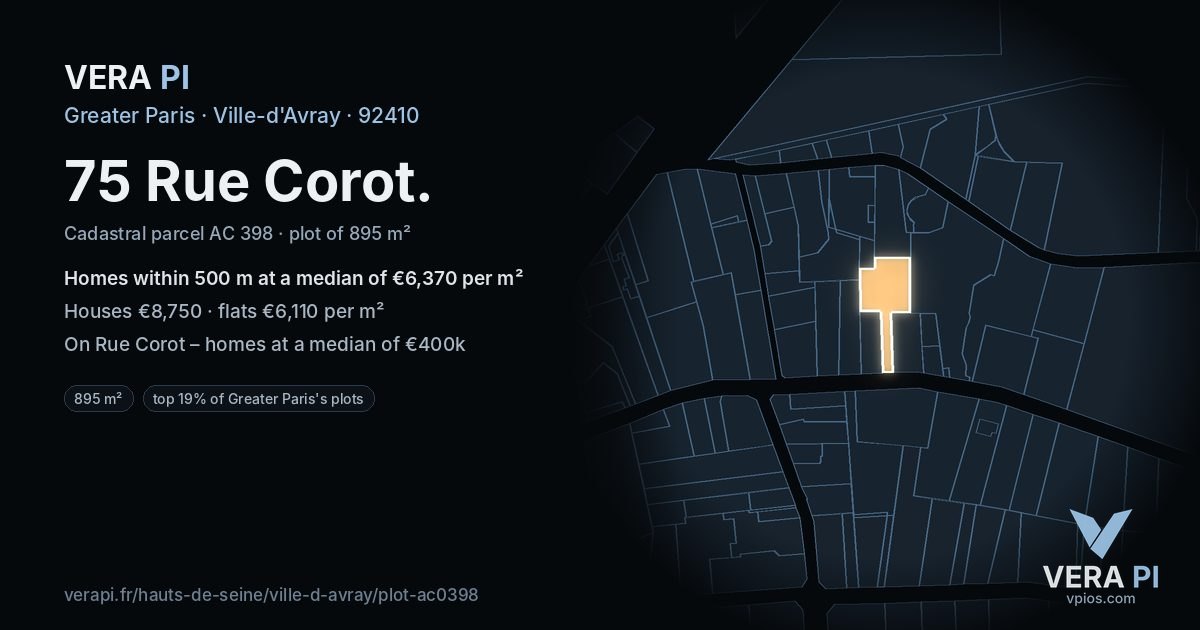 75 Rue Corot, Ville-d'Avray at night – the plot lit, the parcels around coloured by the prices near them