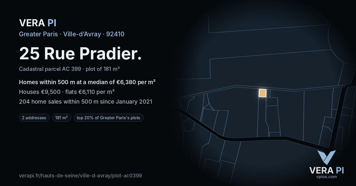 25 Rue Pradier, Ville-d'Avray at night – the plot lit, the parcels around coloured by the prices near them