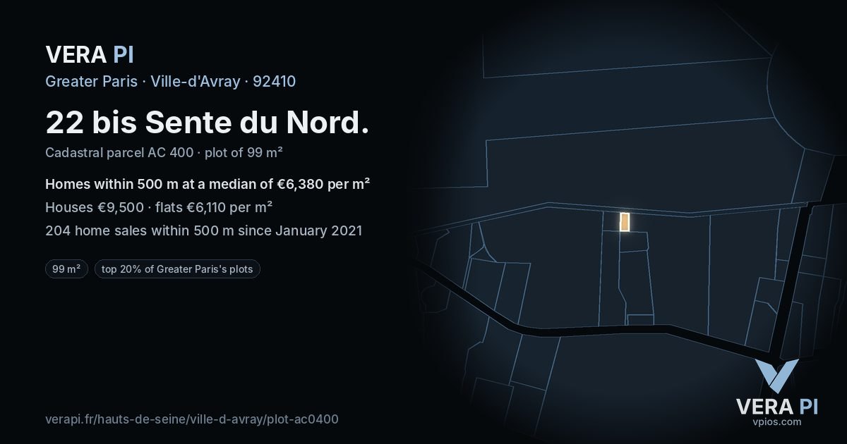 22 bis Sente du Nord, Ville-d'Avray at night – the plot lit, the parcels around coloured by the prices near them