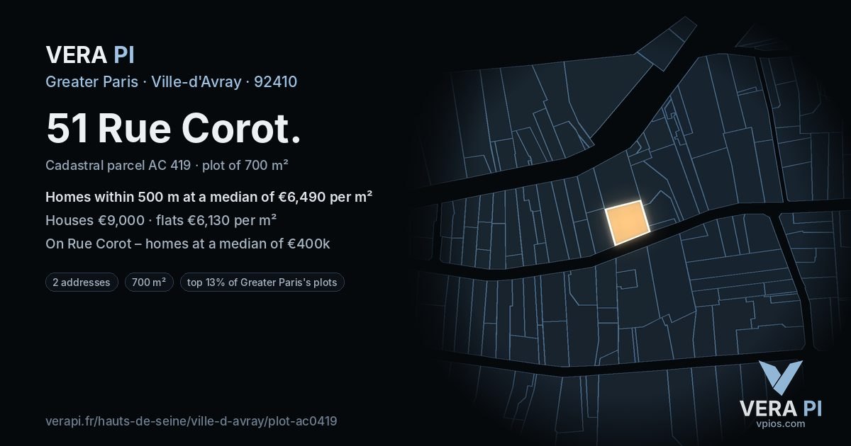 51 Rue Corot, Ville-d'Avray at night – the plot lit, the parcels around coloured by the prices near them