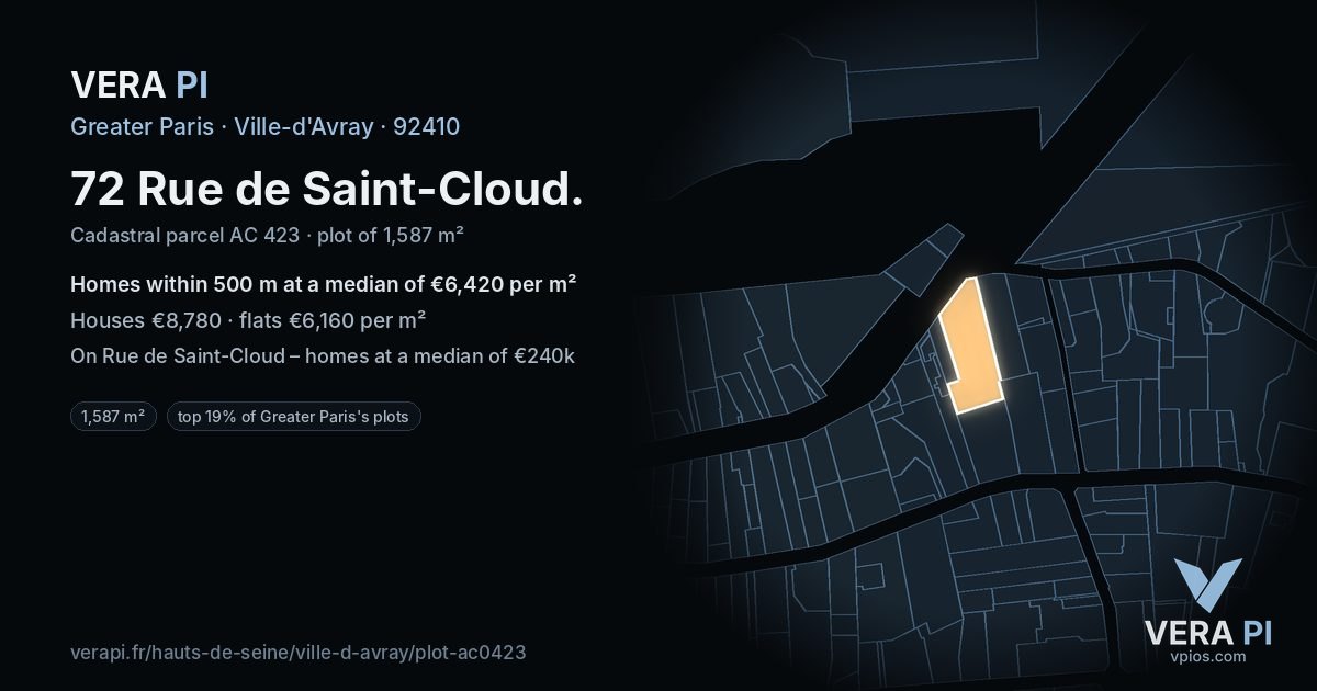 72 Rue de Saint-Cloud, Ville-d'Avray at night – the plot lit, the parcels around coloured by the prices near them