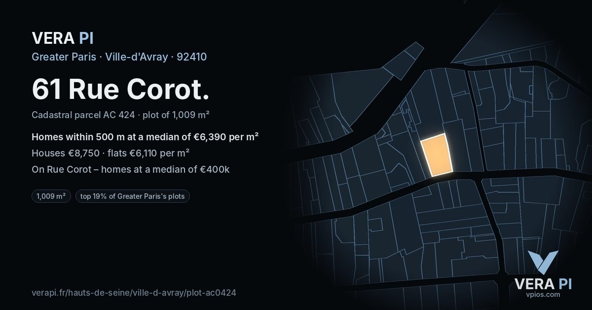 61 Rue Corot, Ville-d'Avray at night – the plot lit, the parcels around coloured by the prices near them